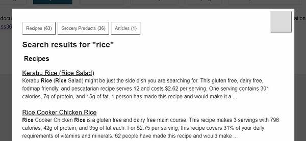 screen reader view of search results